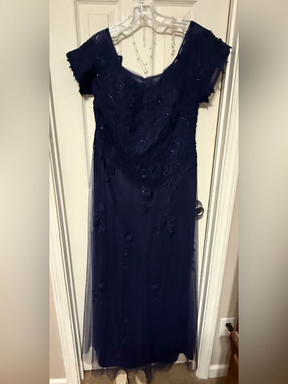 Navy Blue Long Sleeve Evening Gown with Lace Appliqué by Cameron Blake